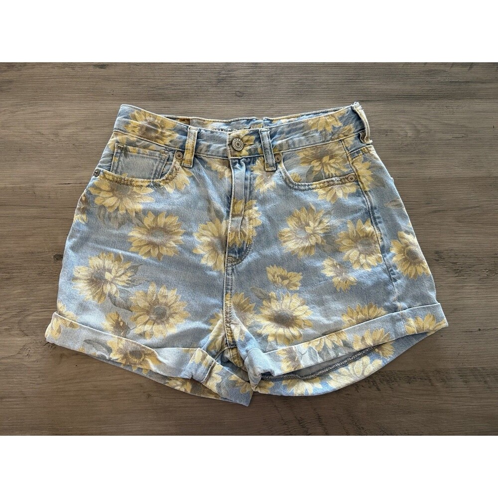 American Eagle Mom Short Womens Size 00 High Rise Cuffed Denim Sunflowers